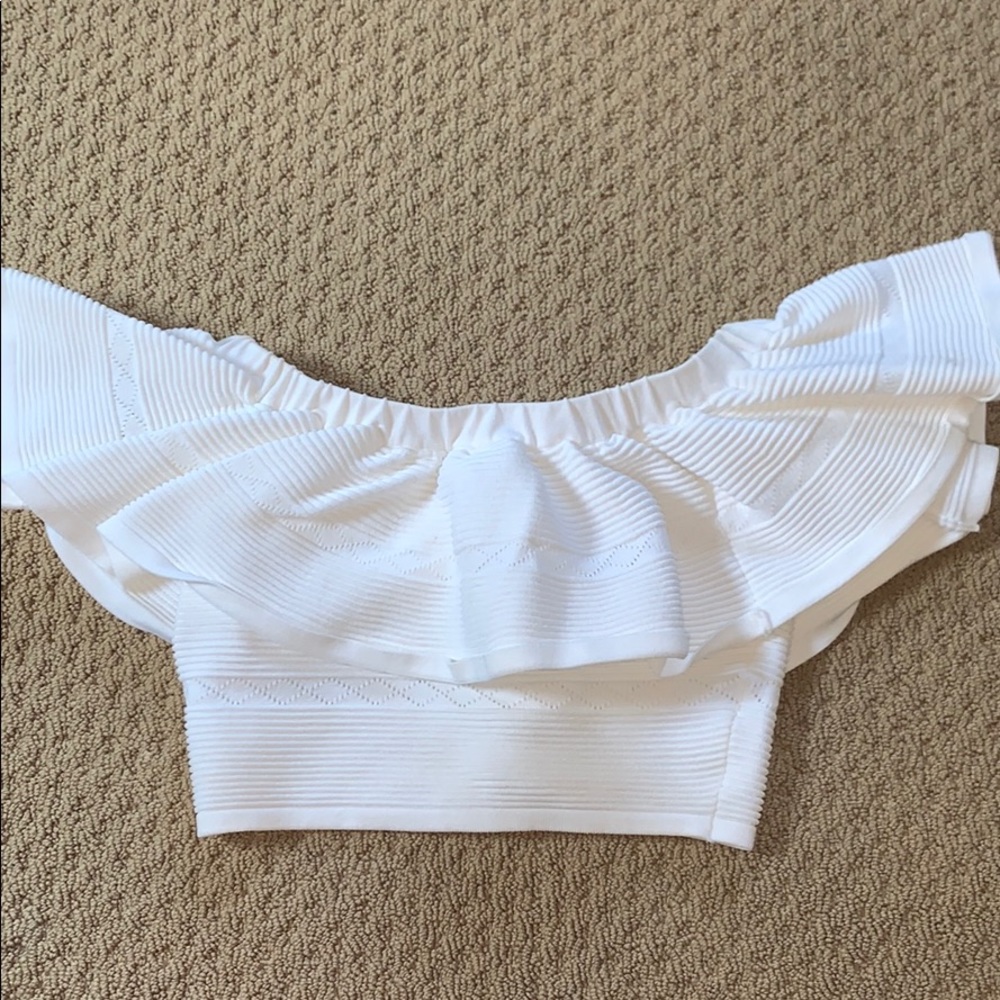 Olivaceous White Ruffle Off the Shoulder Crop